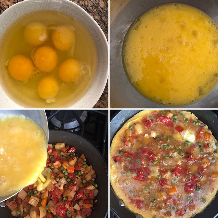 Step by step photos showing eggs, whisked, added to the skillet withe veggies and cooked until set