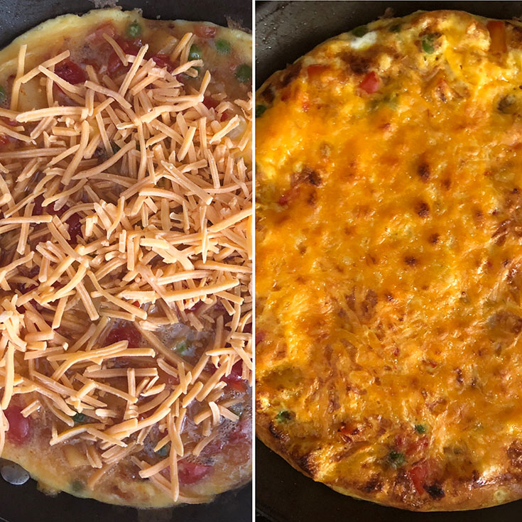 Cheese sprinkled over the eggs and after baking with melted cheese