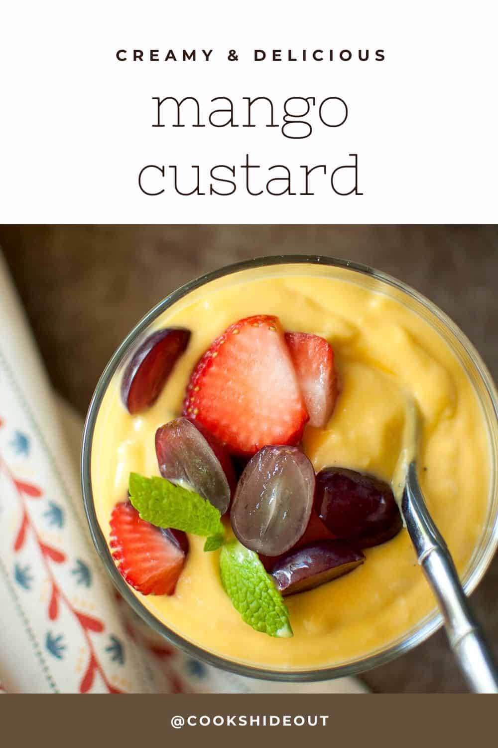 Top view of glass bowl with fruit pudding.
