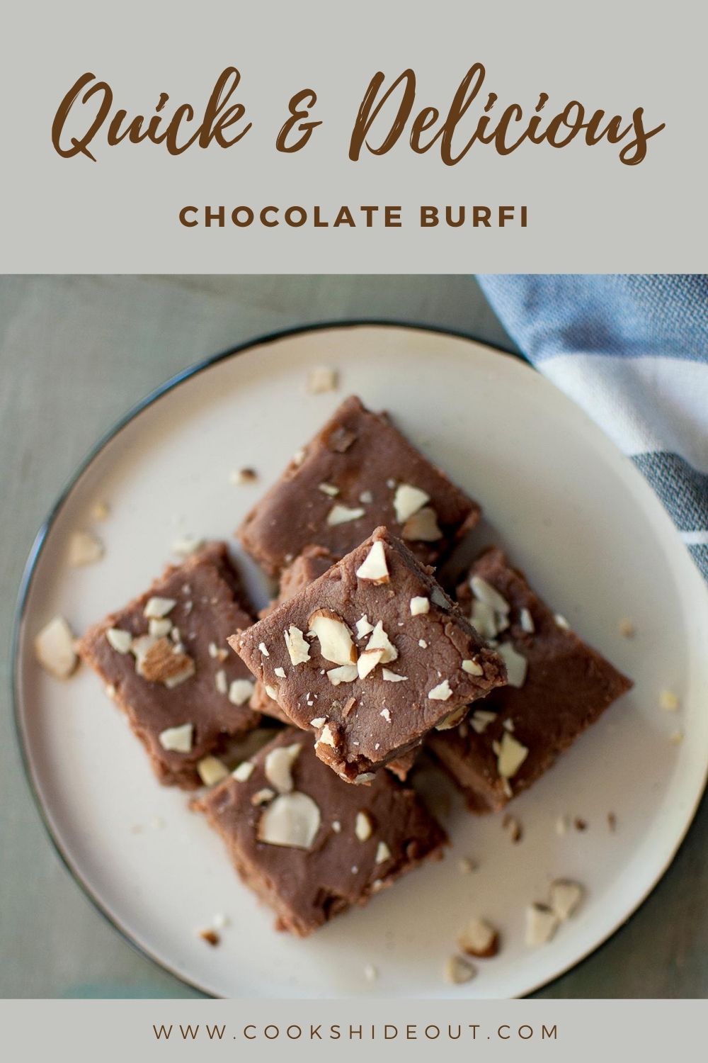 White plate with a stack of chocolate burfi.