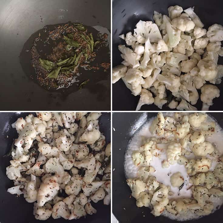 Step by step photos showing the sauteing of cauliflower and addition of coconut milk