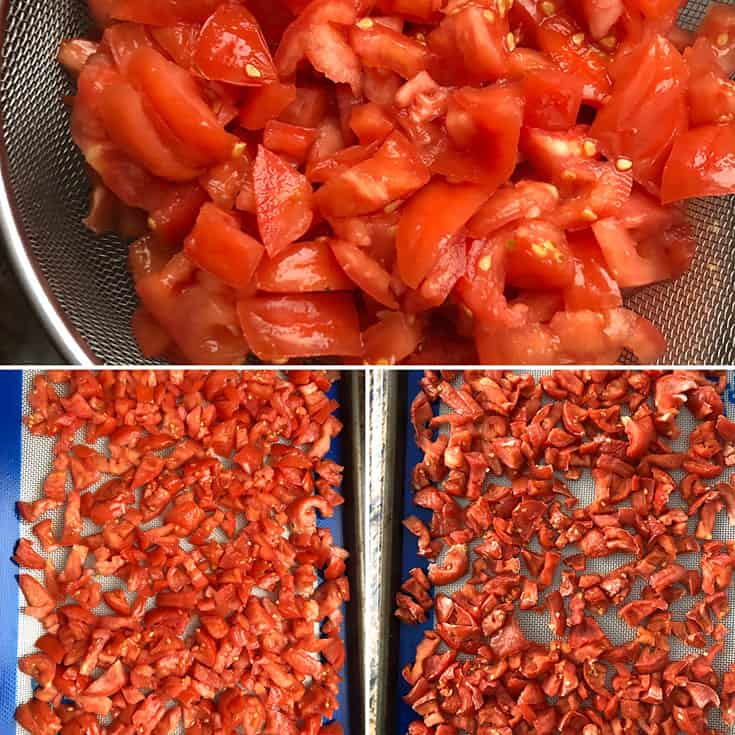 Salted tomatoes being drained, then baked until slightly dry