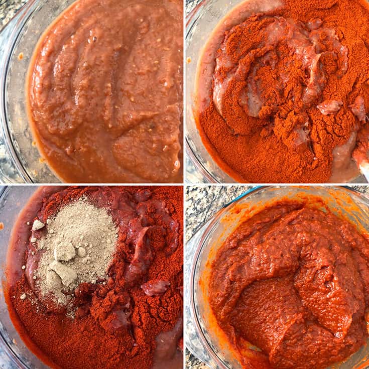 step by step photos showing the addition of chili powder, ground fenugreek powder to the ground  paste