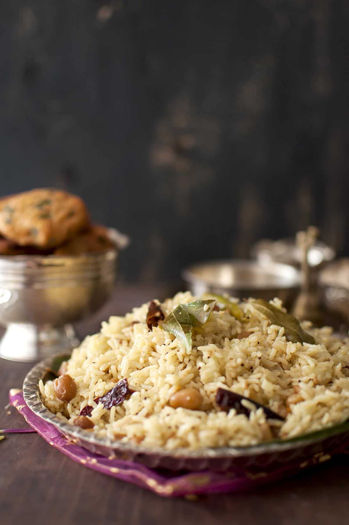 Silver plate with tamarind rice.