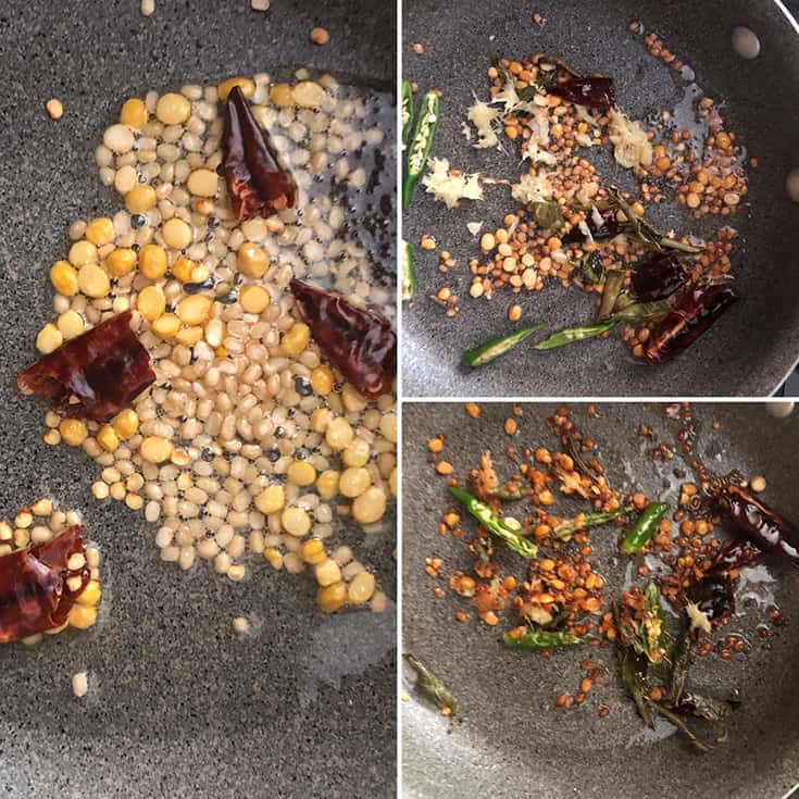 Step by step photos showing the sauteed tempering, green chilies and ginger