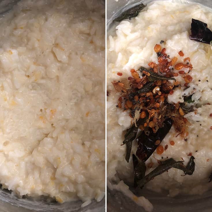 Side by side photos showing tempering added to rice