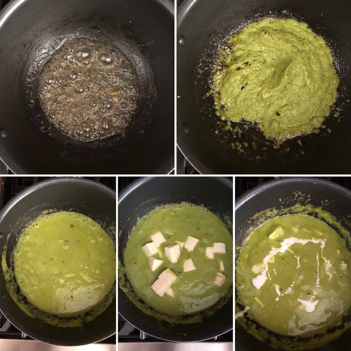 Photos showing the green spice paste cooking in butter