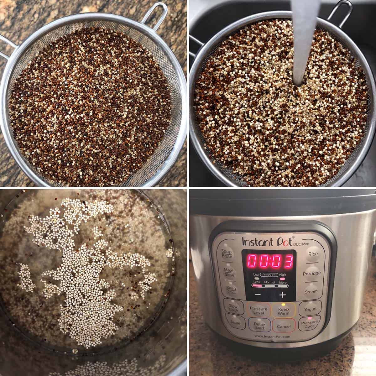 4 panel photo showing the rinsing of quinoa and adding to IP along with water.