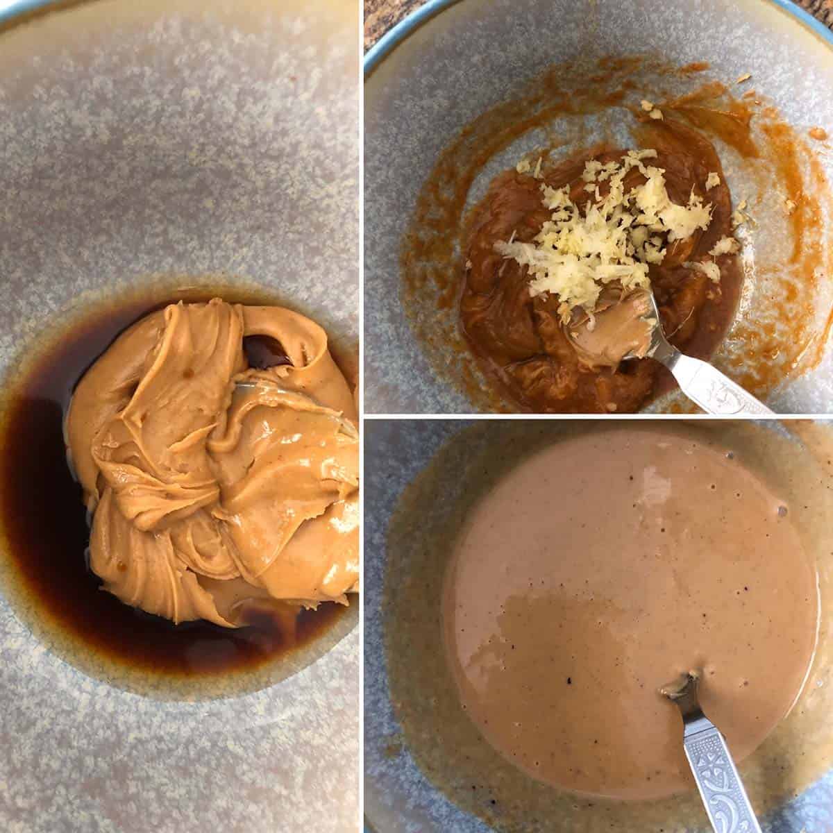 3 panel photo showing the mixing of ingredients to make the dressing.