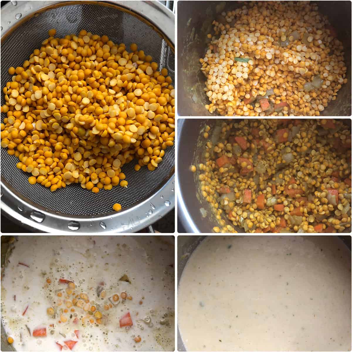 Split lentils, coconut milk added to soup ingredients in instant pot