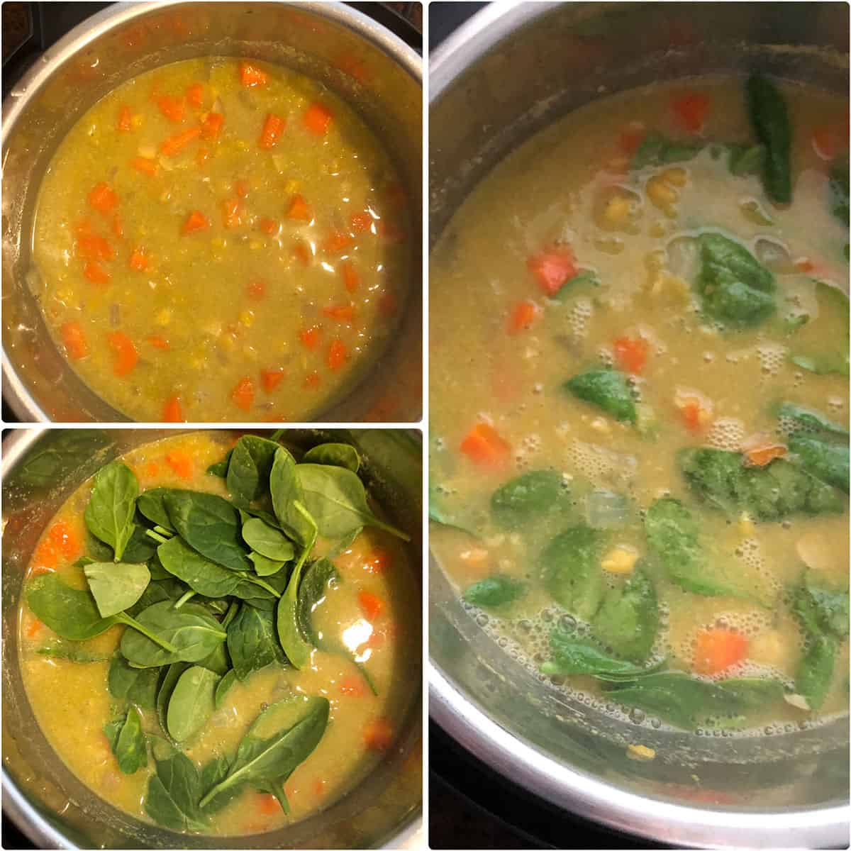 Adding fresh spinach leaves added to cooked soup 