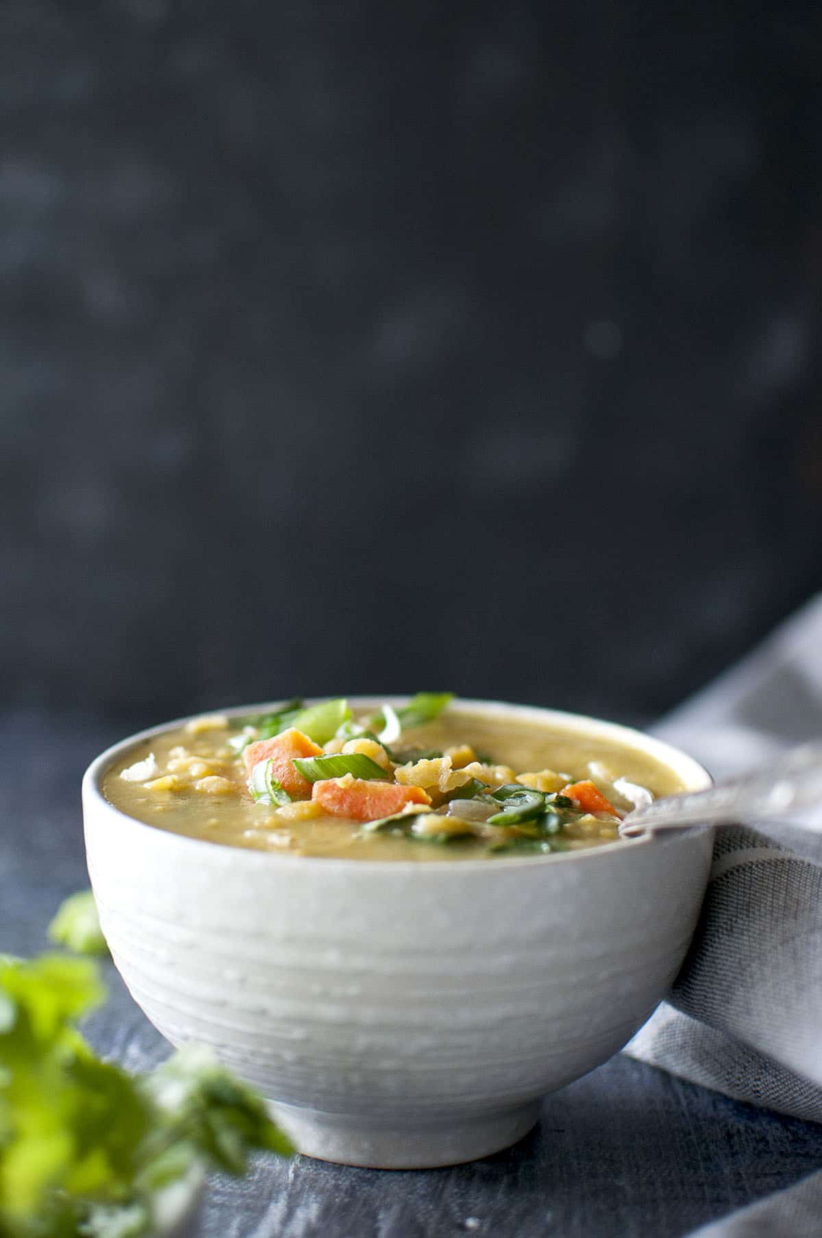 White bowl with thai pea soup