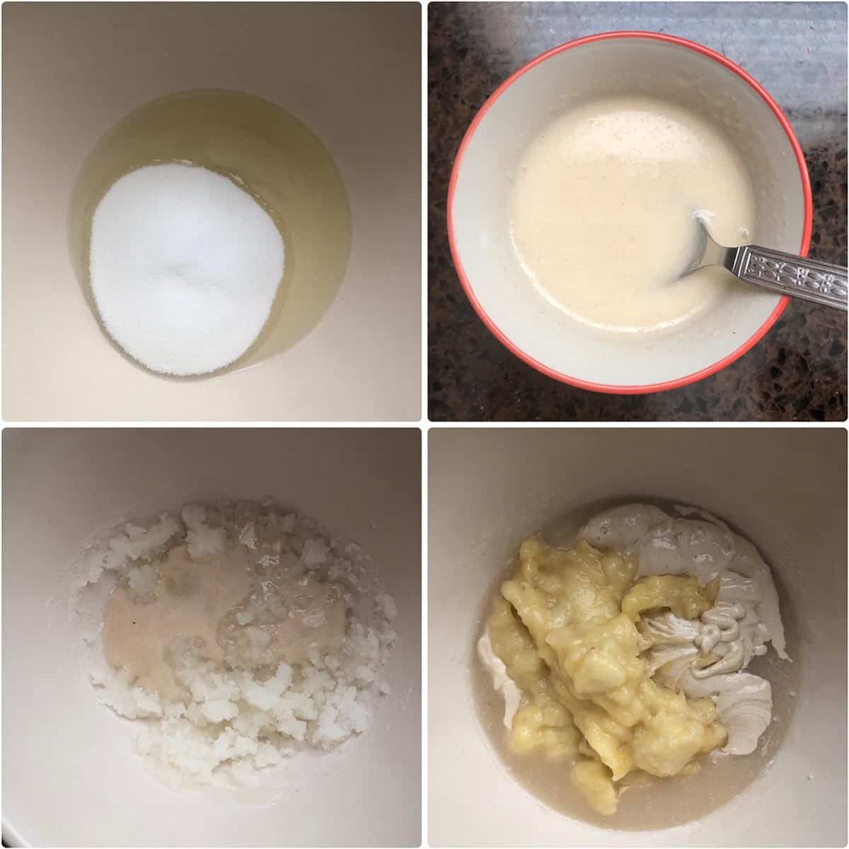 Combining oil, sugar, egg replacer, mashed banana to mixing bowl