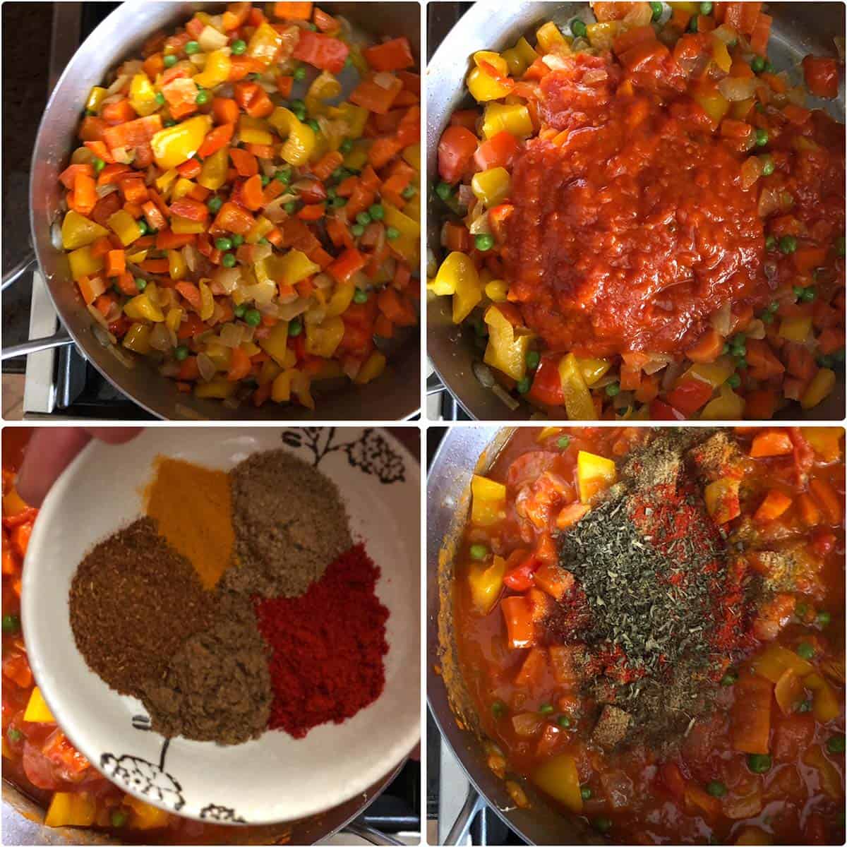 Adding marinara sauce and spices to vegetable mixture