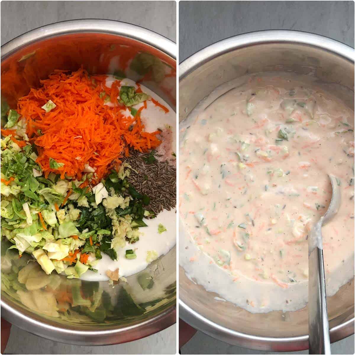 Mixing vegetables into idli batter.