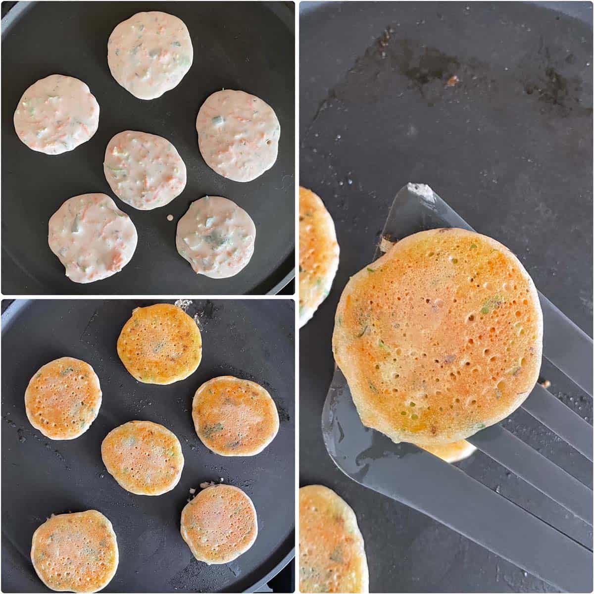 3 panel photo showing the making of savory pancakes on nonstick pan.