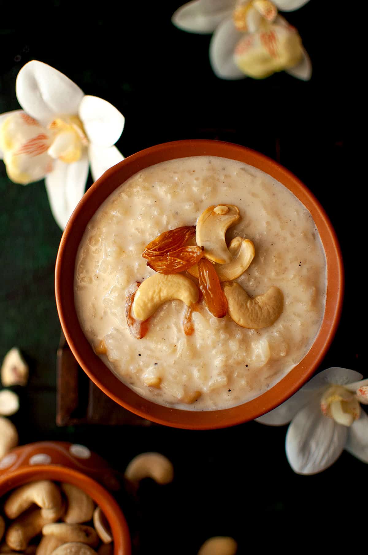 Top view of a bowl with indian rice pudding.