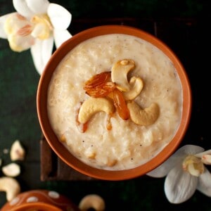 Top view of a bowl with indian rice pudding.