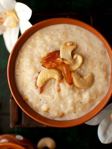 Top view of a bowl with indian rice pudding.