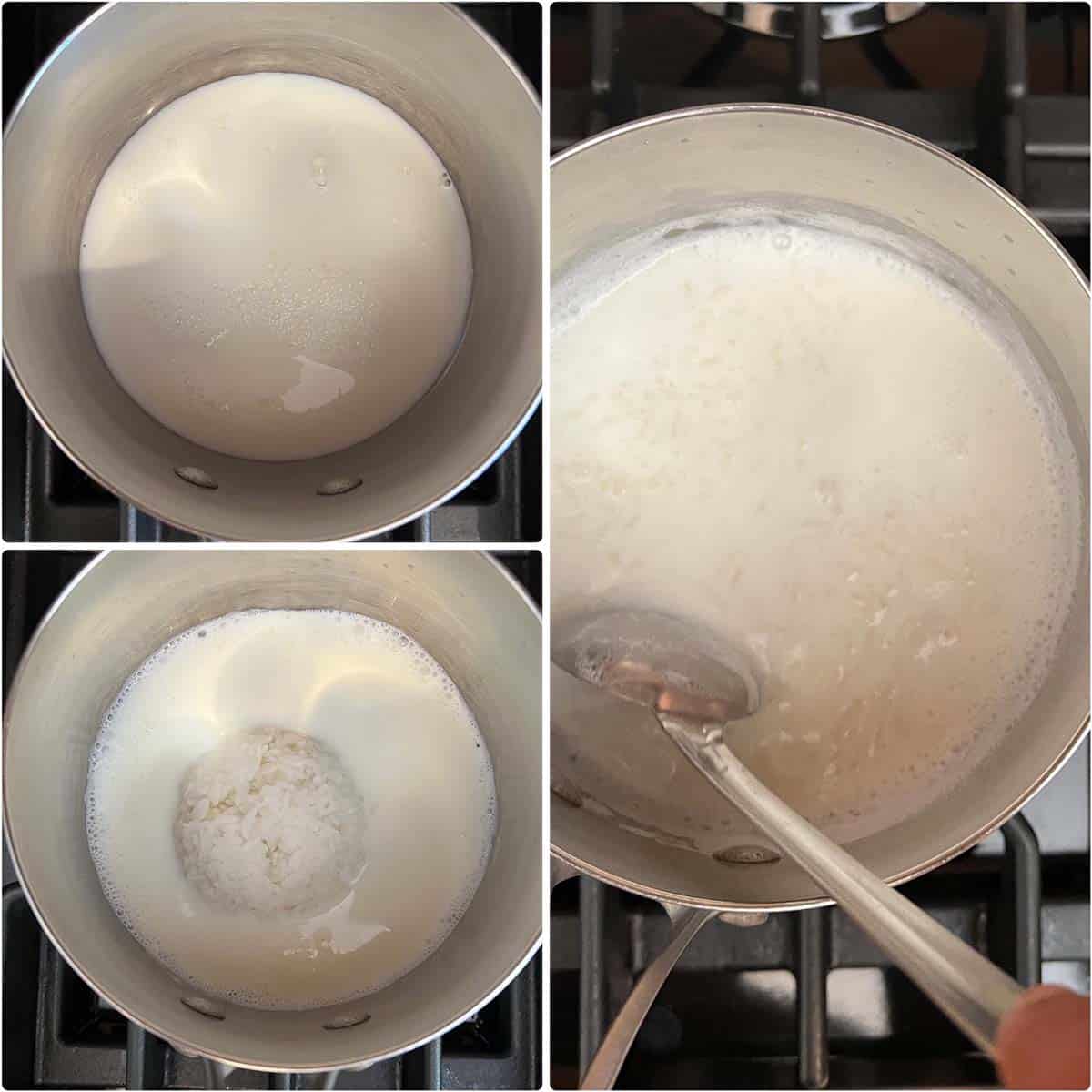 3 panel photo showing the simmering of milk and addition of cooked rice.