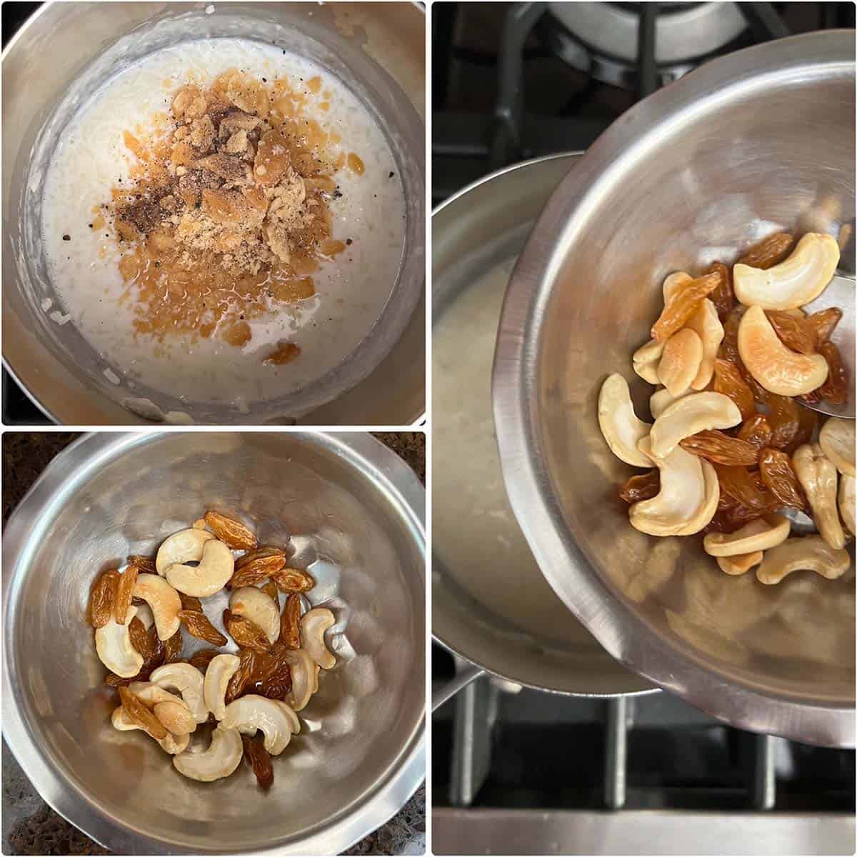 3 panel photo showing the addition of jaggery, cardamom and nuts to kheer.