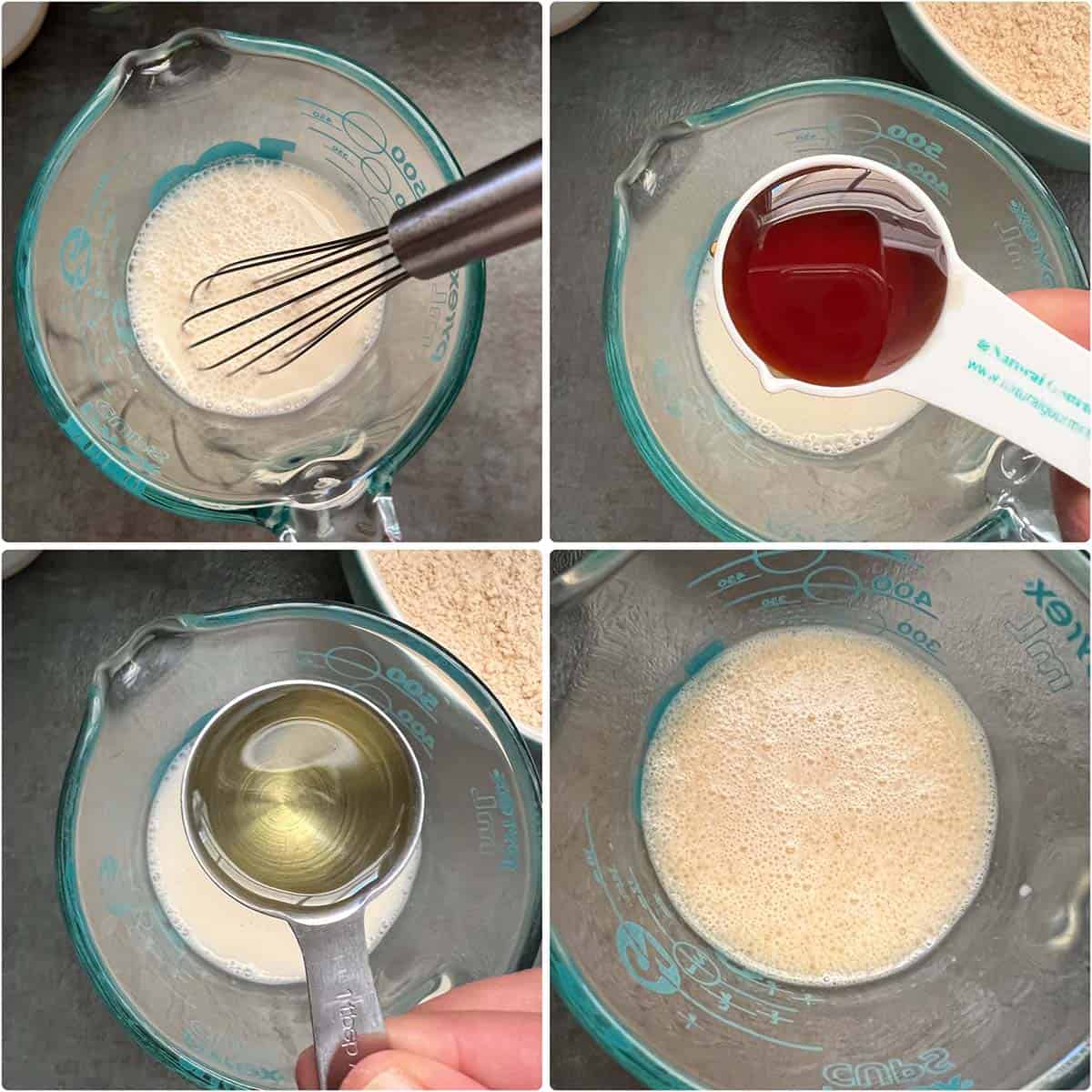4 panel photo showing the mixing of wet ingredients in a glass jar.