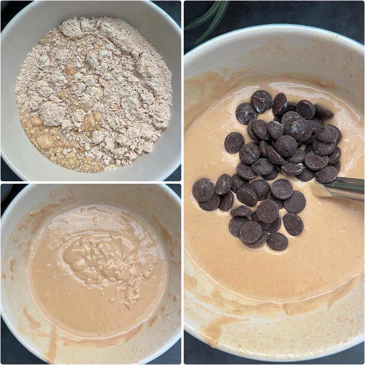 3 panel photo showing the mixing of pancake batter.