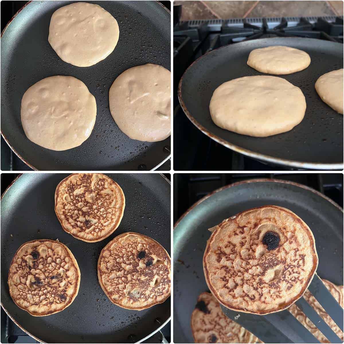 4 panel photo showing the making of pancakes.